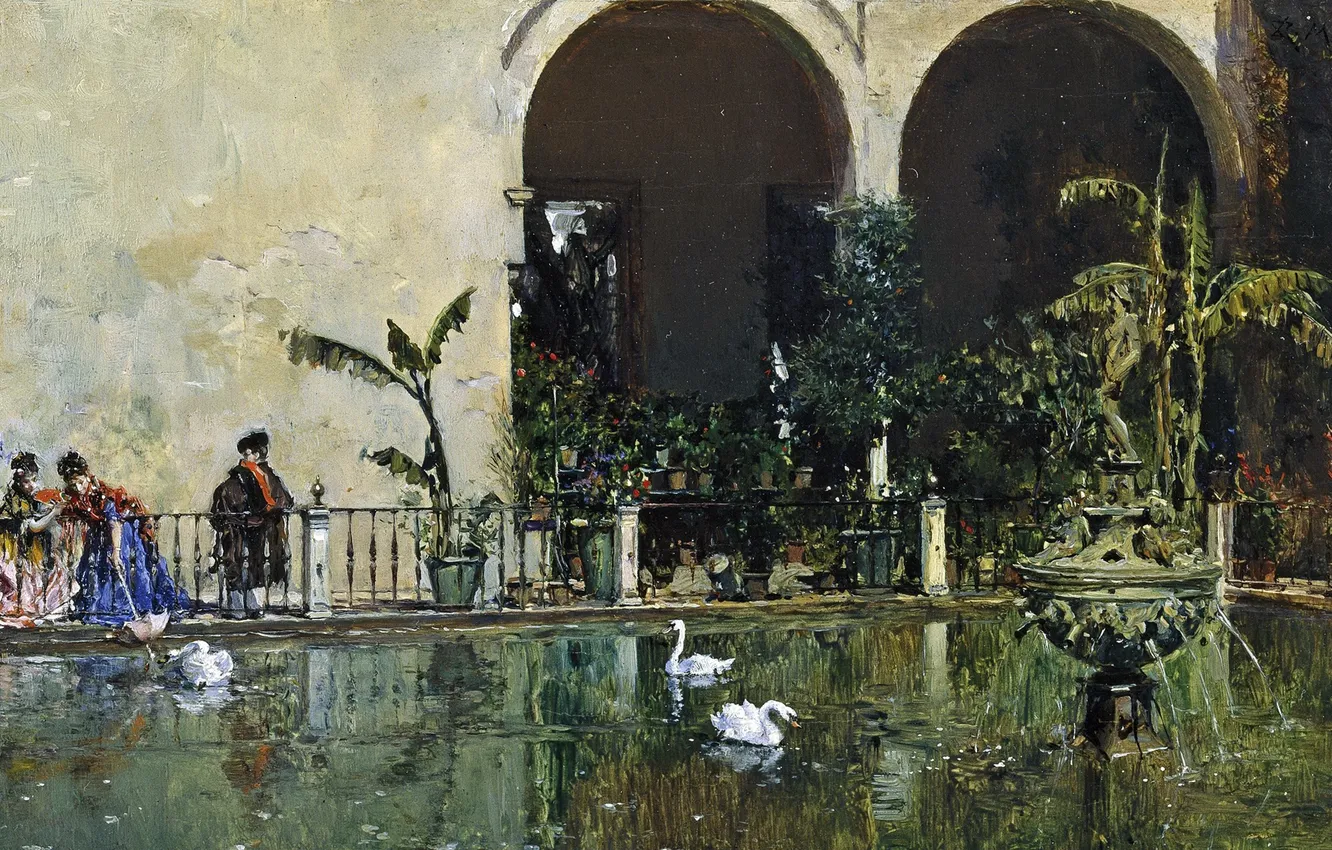 Фото обои картина, Раймундо Мадрасо, Пруд в Саду Альказар в Севилье