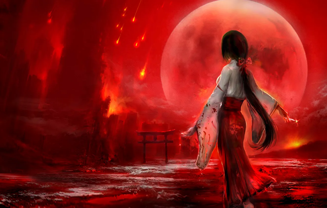 Фото обои небо, девушка, луна, кровь, тории, огненный дождь