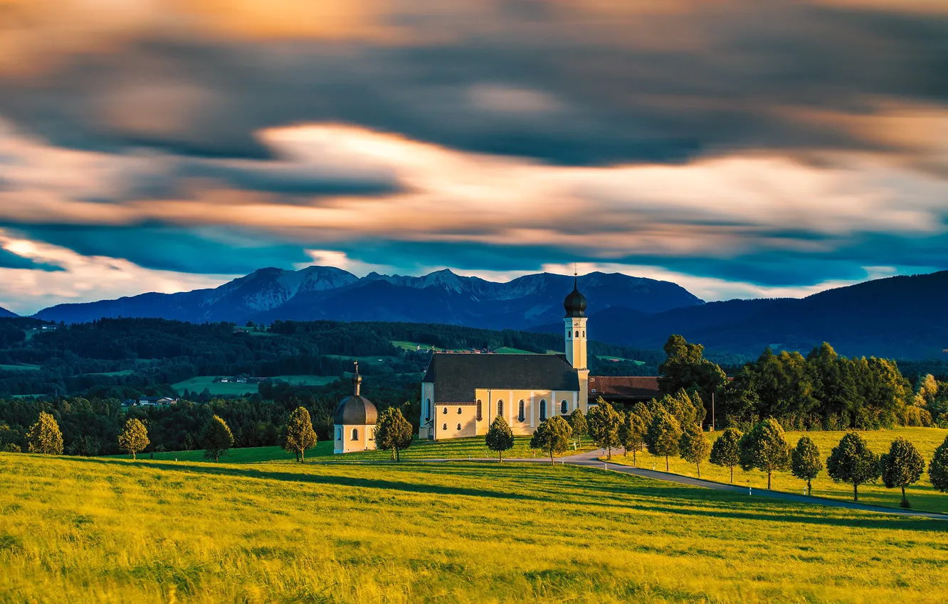 Фото обои деревья, горы, Германия, Бавария, луг, церковь, Germany, Bavaria