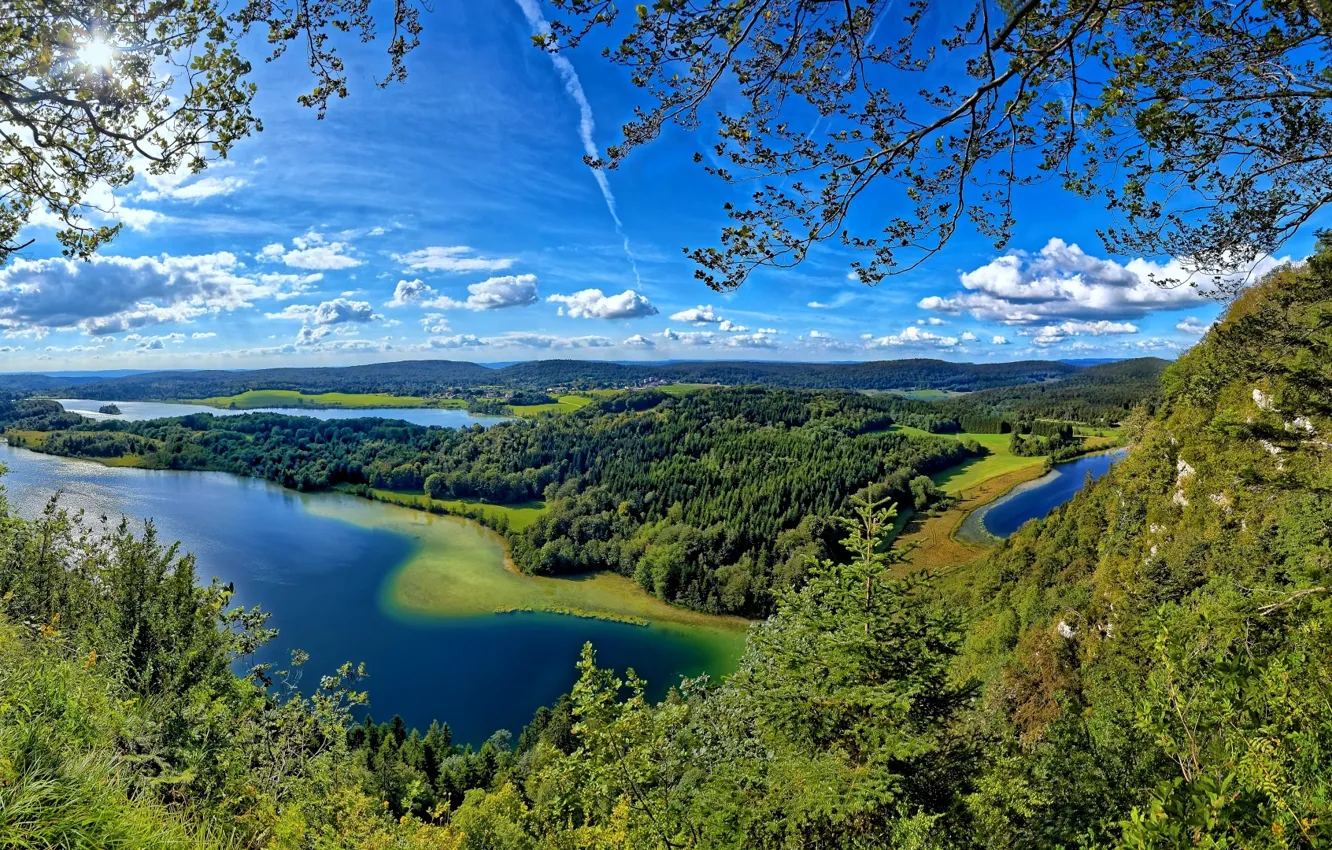 Фото обои небо, солнце, облака, вид, остров, панорама