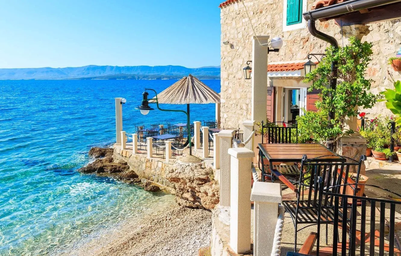 Фото обои море, вилла, ресторан, курорт, Хорватия, villa, столики, Brac