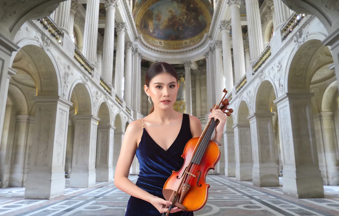Фото обои music, girl, woman, violin, asian, palace, violinist, classical music