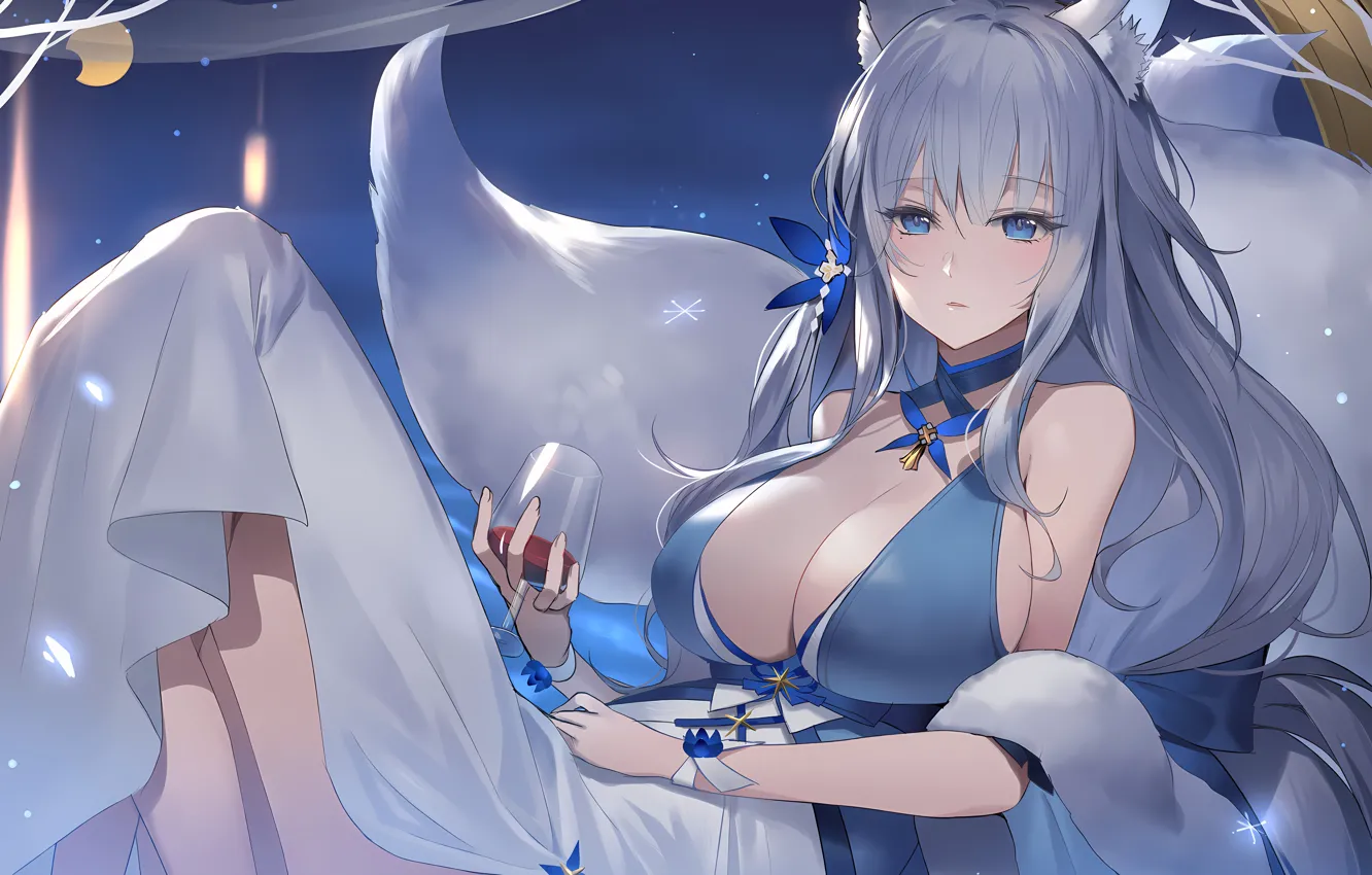 Фото обои girl, sexy, cleavage, long hair, dress, boobs, animal ears, anime