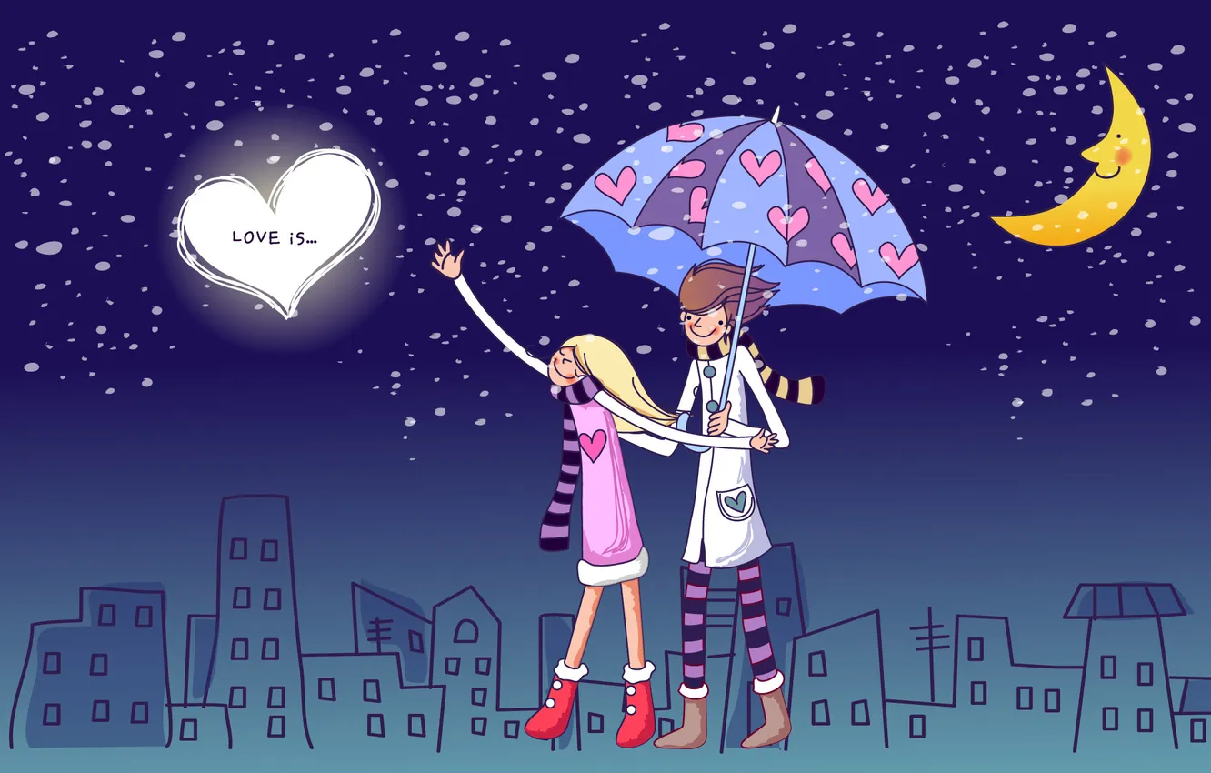 Фото обои зонтик, чувства, пара, прогулка, под луной