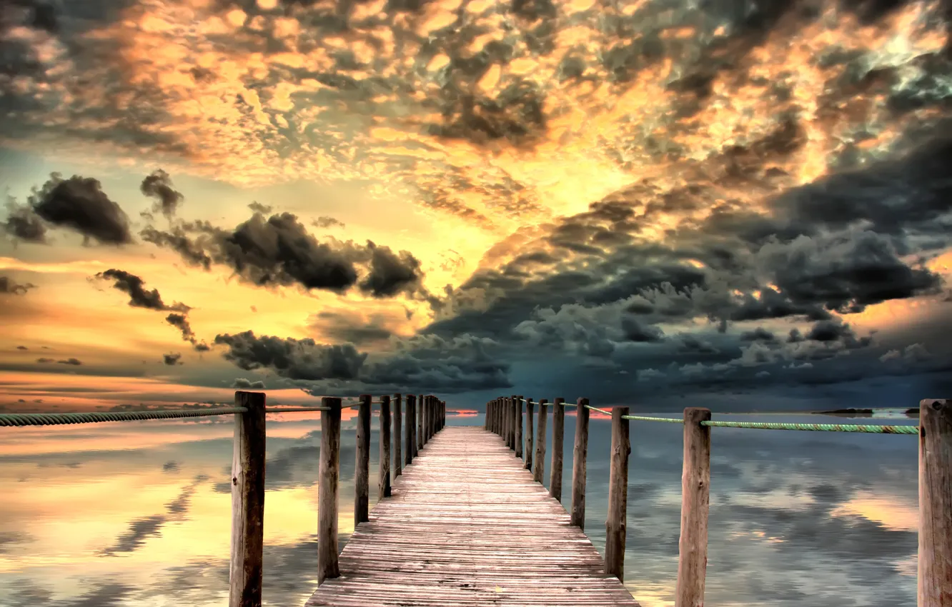 Фото обои море, небо, облака, закат, природа