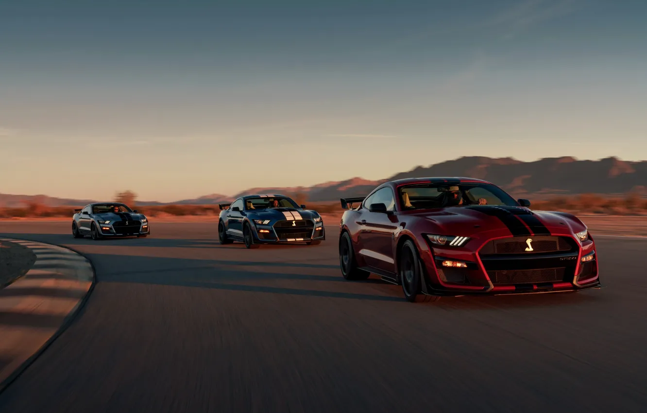 Фото обои синий, Mustang, Ford, Shelby, GT500, трек, тройка, кровавый