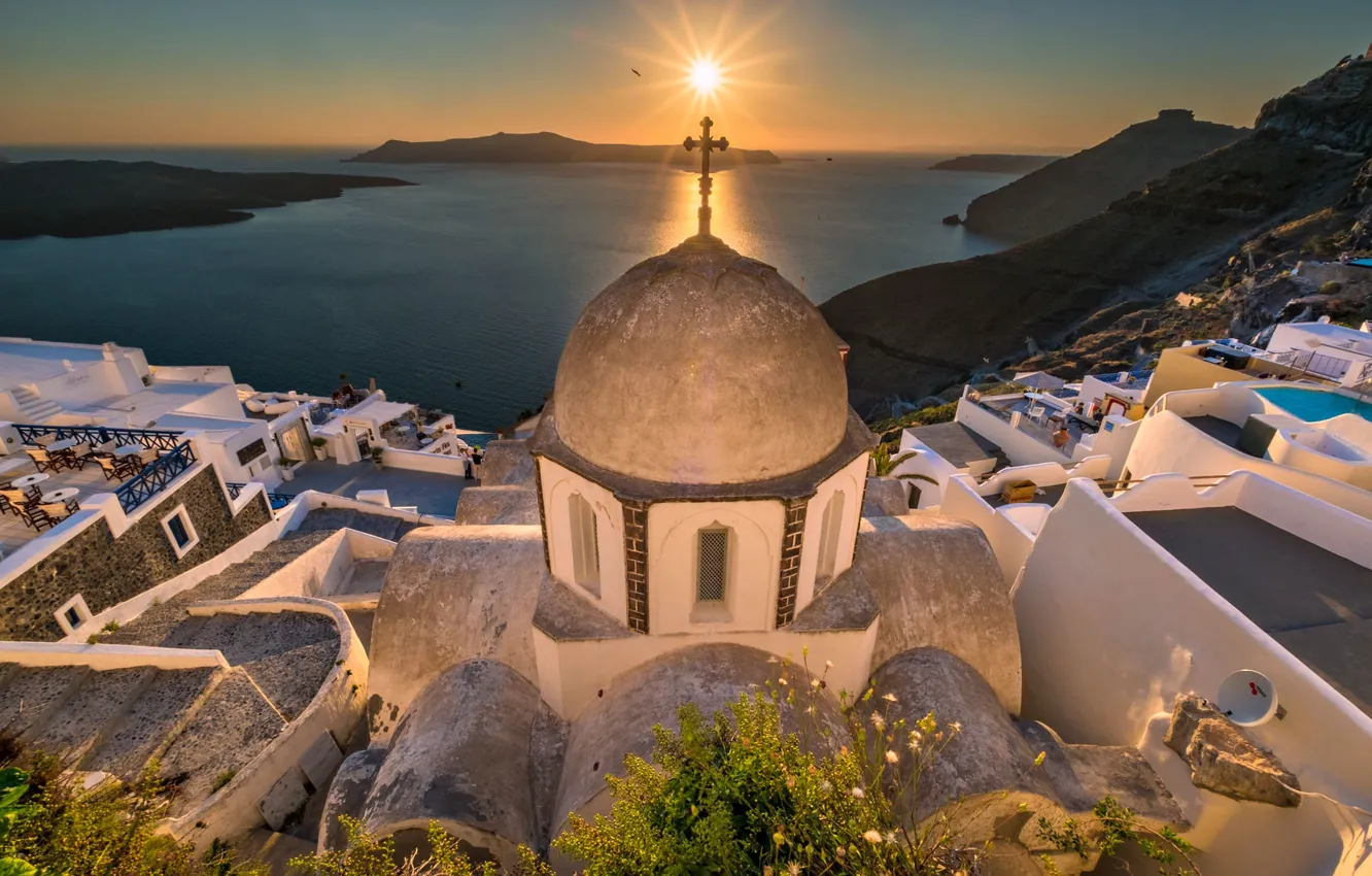 Фото обои закат, Греция, церковь, остров Санторини