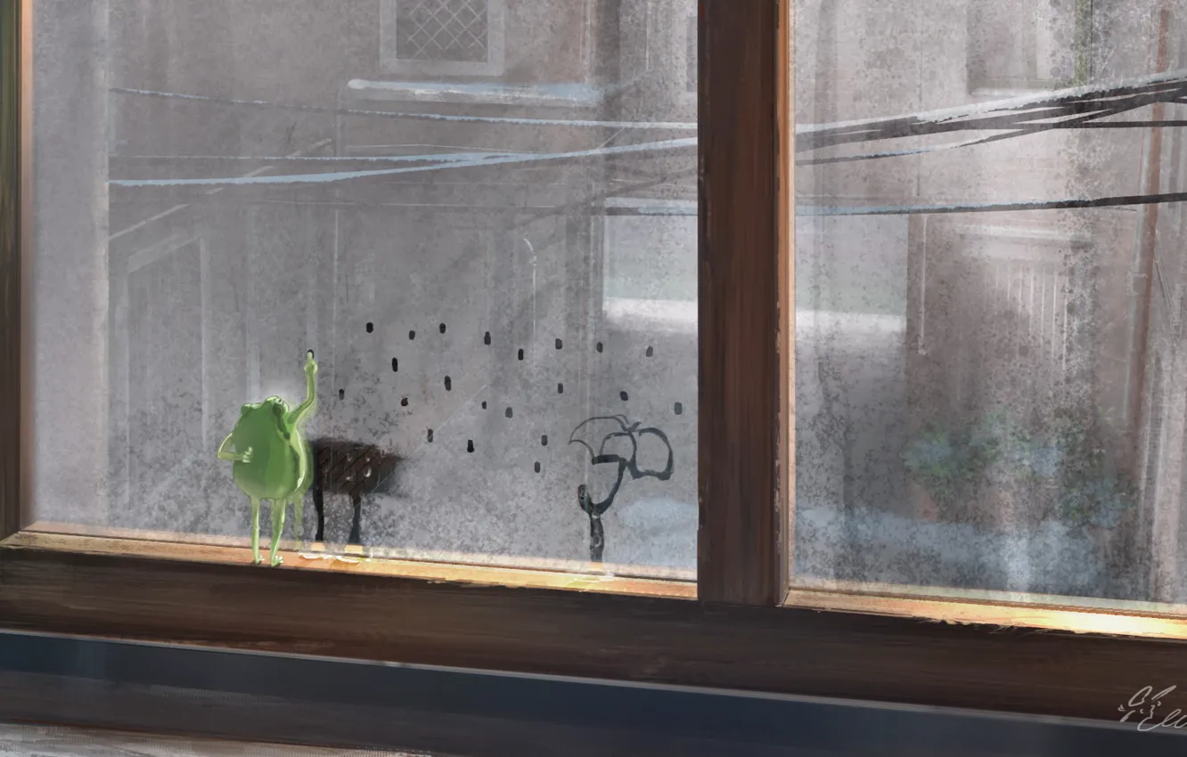Фото обои дождь, лягушка, зонт, окно, рисует