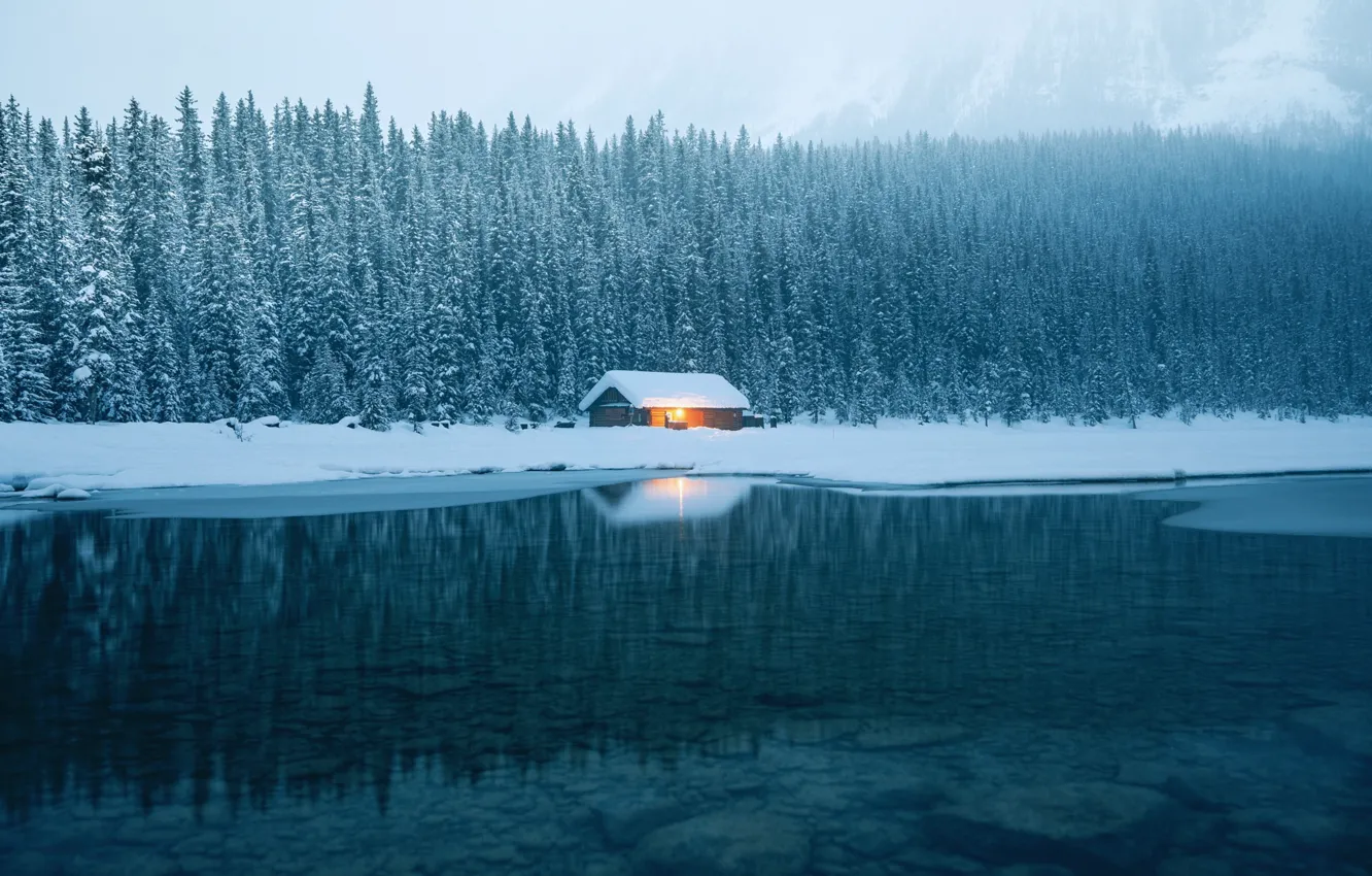 Фото обои зима, лес, вода, природа, дом