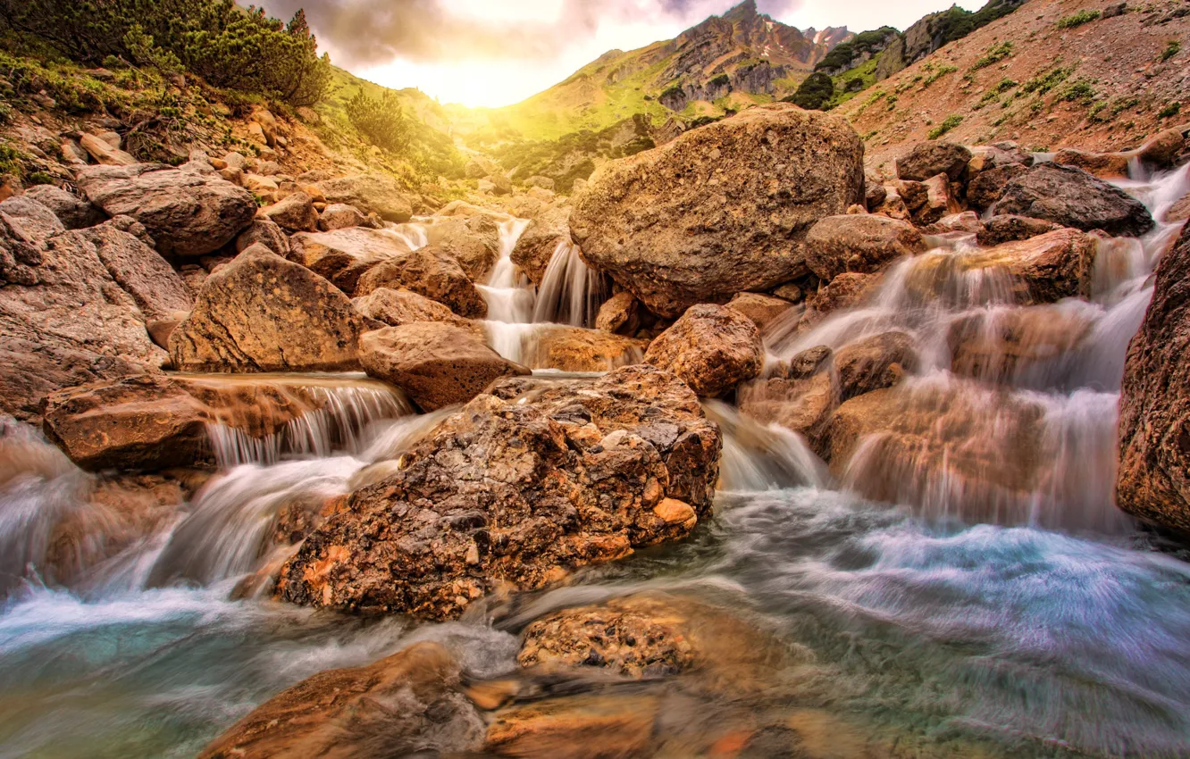 Фото обои вода, деревья, природа, река, камни, водопад, вершина, natural