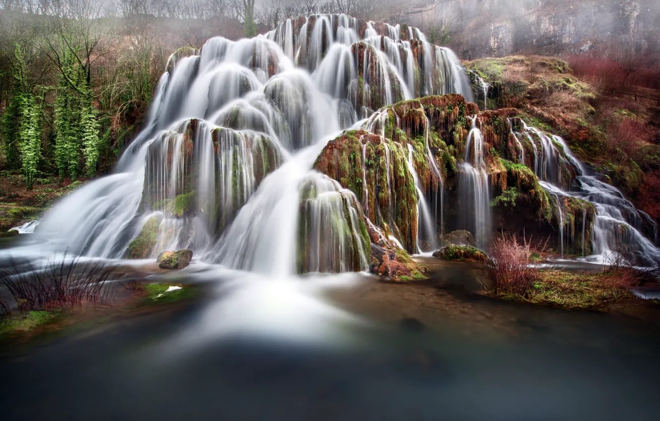 Фото обои лес, скалы, водопад, водопады, каскад