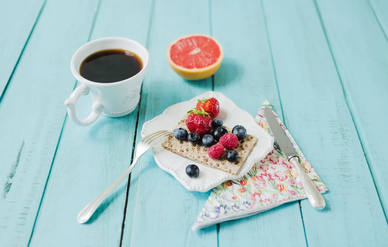 Фото обои ягоды, кофе, завтрак, цитрус, хлебец