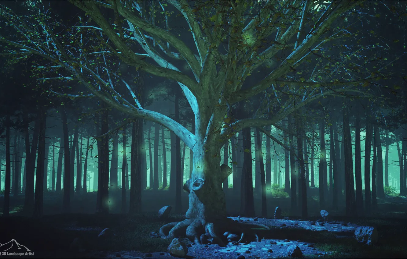 Фото обои лес, бабочки, туман, дерево, 3d-графика, 3DLandscapeArtist