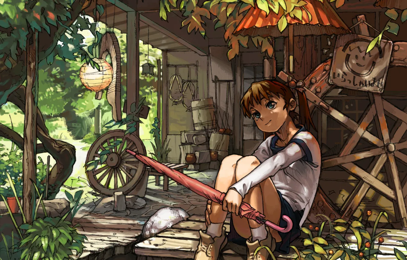 Фото обои лето, дом, дерево, рисунок, зонт, девочка, jikan hakushaku