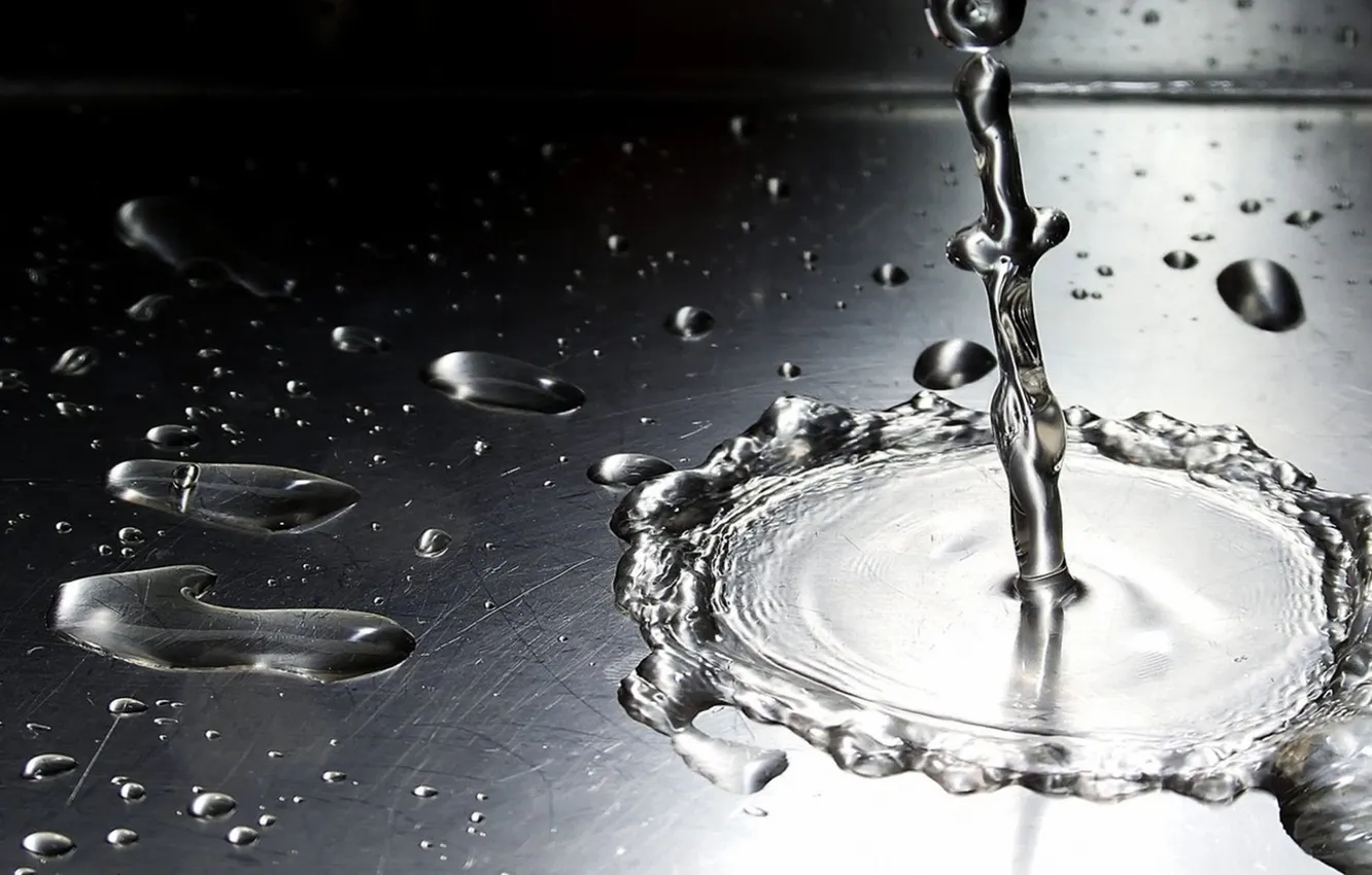 Фото обои вода, капли, макро, поверхность, металл, drop