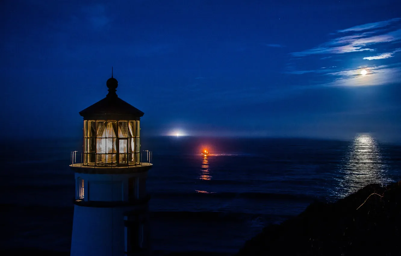 Фото обои море, небо, ночь, огни, луна, маяк