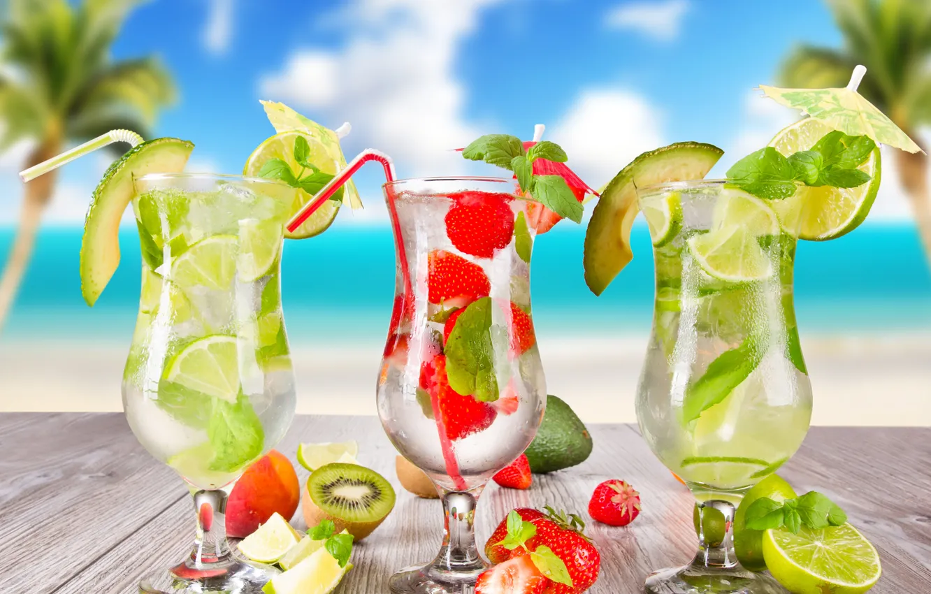 Фото обои summer, beach, drink, cocktail, fruits, palms, tropical
