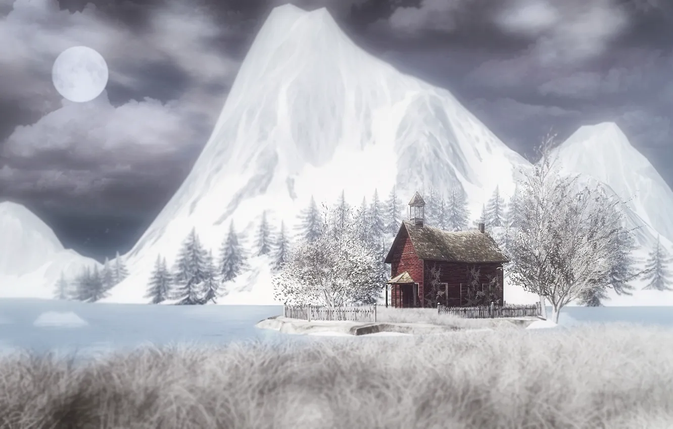 Фото обои зима, горы, ночь, луна, домик
