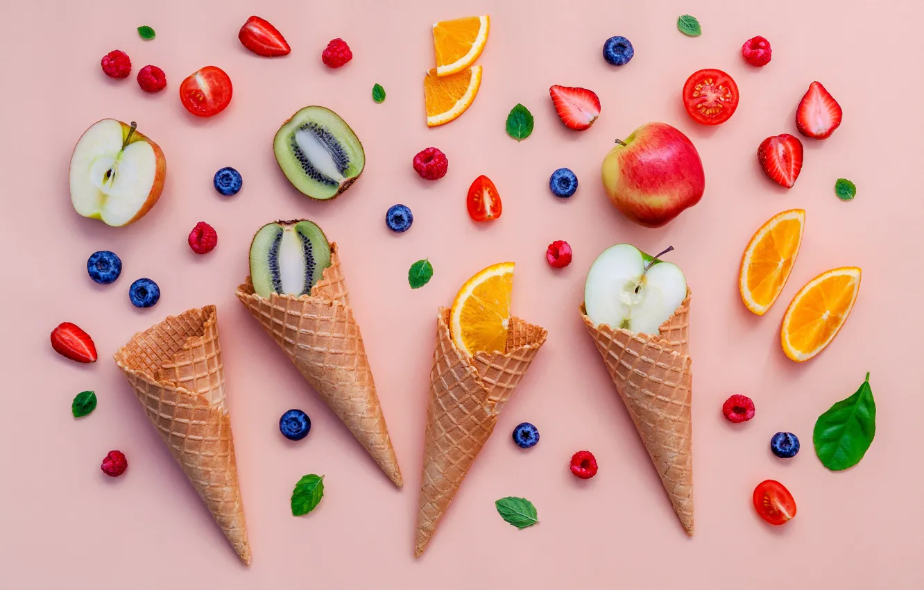 Фото обои ягоды, colorful, мороженое, фрукты, рожок, fruit, berries, ice cream