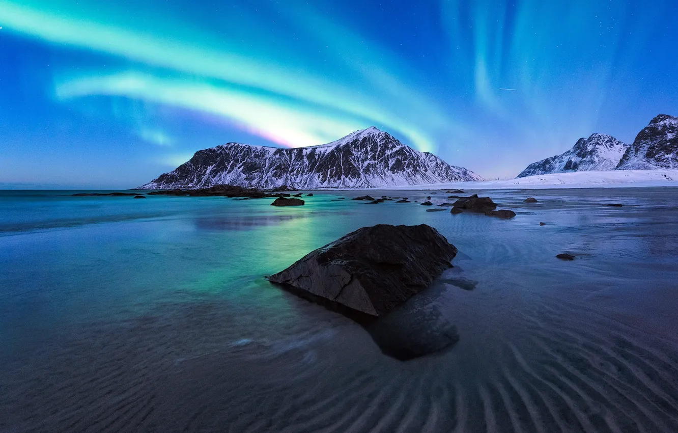 Фото обои вода, горы, северное сияние, aurora, nature, water, mountain, northen lights