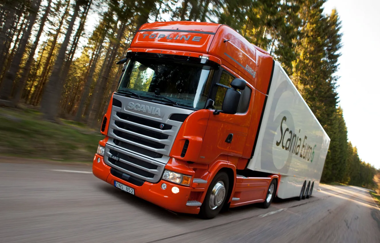 Фото обои грузовик, в движении, Truck, Scania, Скания, фура, Topline, R480