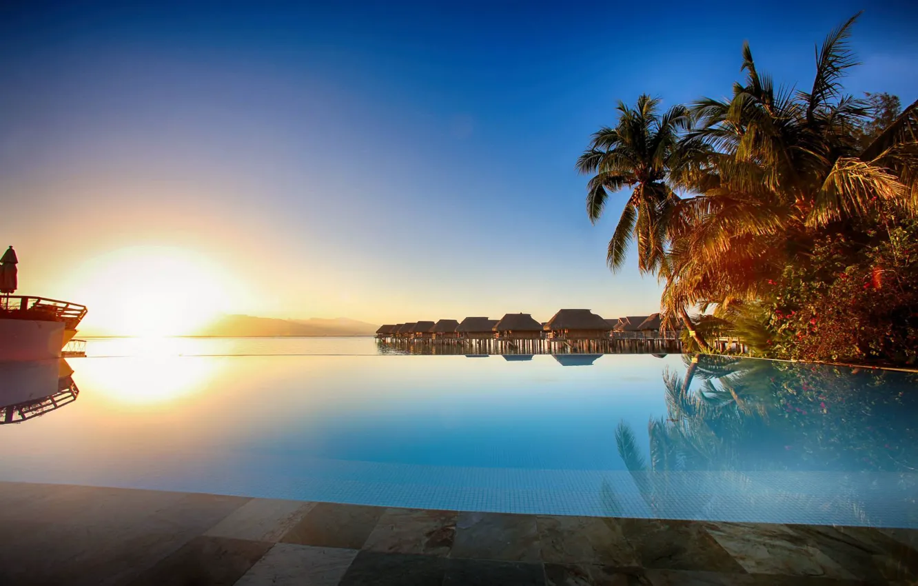 Фото обои океан, вечер, бассейн, pool, бунгало, sunset, moorea, south polynesia