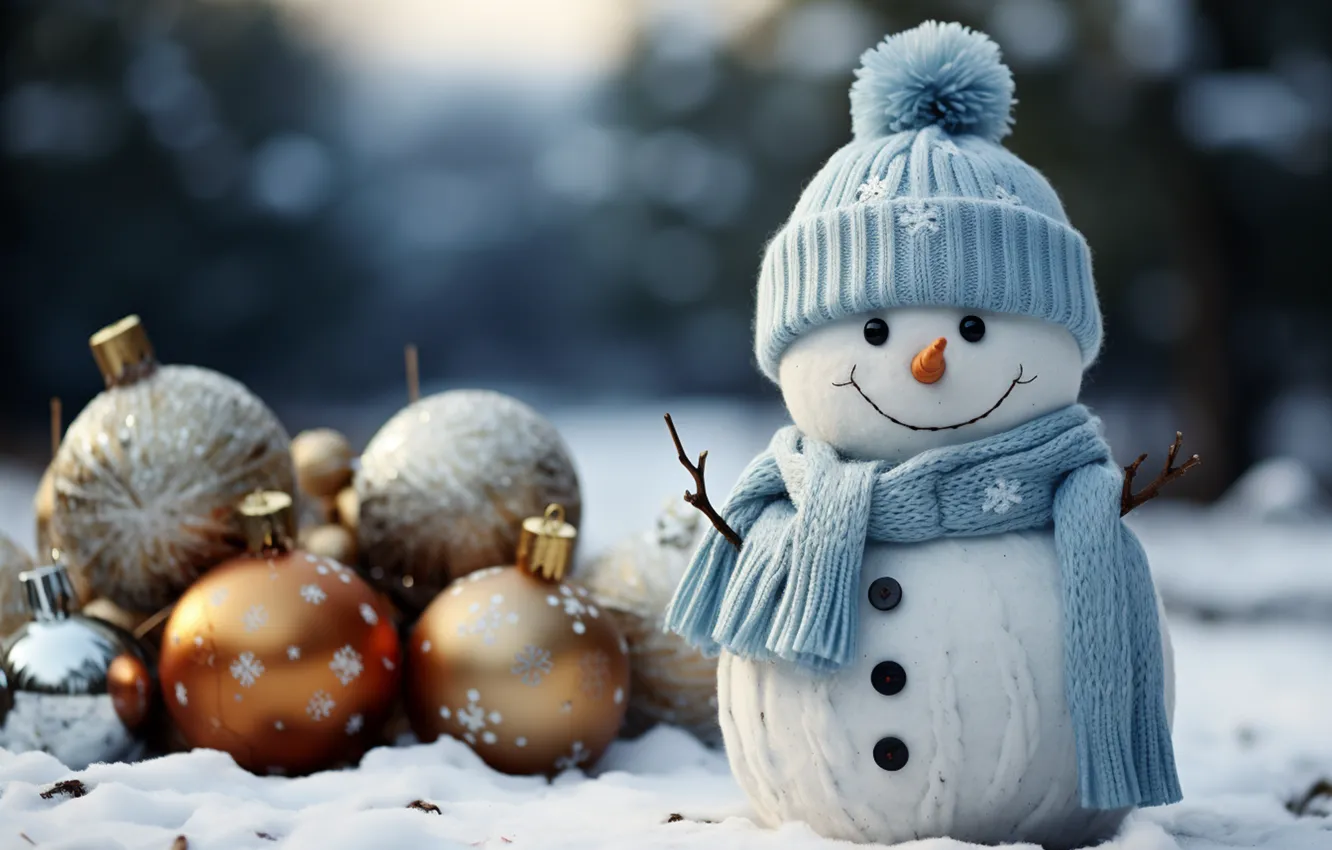 Фото обои зима, снег, украшения, снежинки, Новый Год, Рождество, снеговик, new year