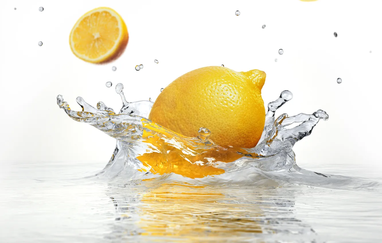 Фото обои вода, брызги, лимон, белый фон, lemon, water, white background, sprays