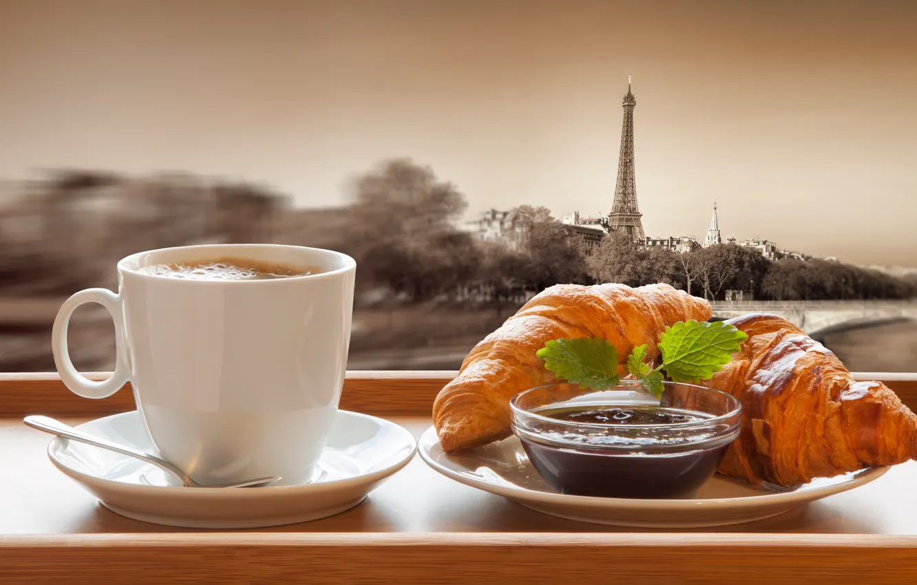 Фото обои Париж, кофе, шоколад, завтрак, чашка, франция, выпечка, croissant