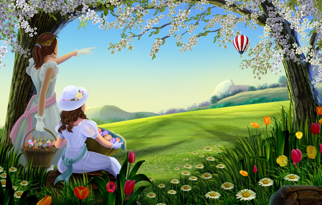 Фото обои цветы, девочки, шар, Две, воздушный, корзинки