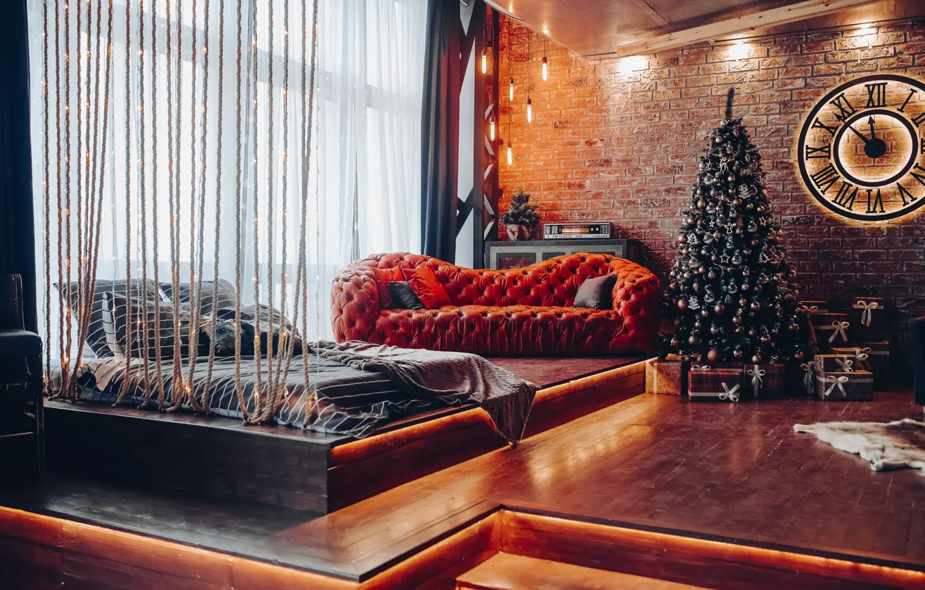 Фото обои диван, елка, Рождество, подарки, Новый год, new year, Christmas, design