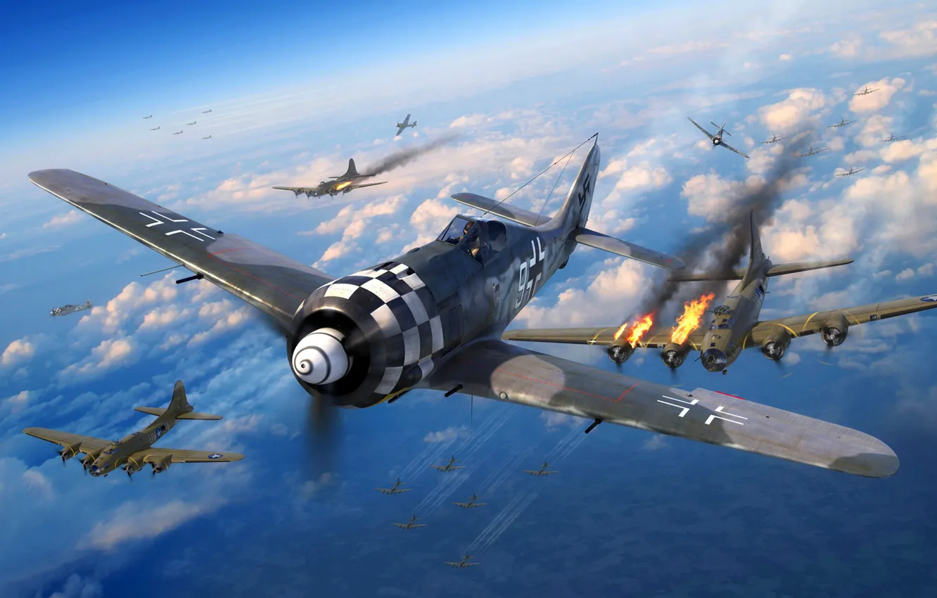 Фото обои B-17, Focke -Wulf, Combat Box, Fw-190A-6, JG-1