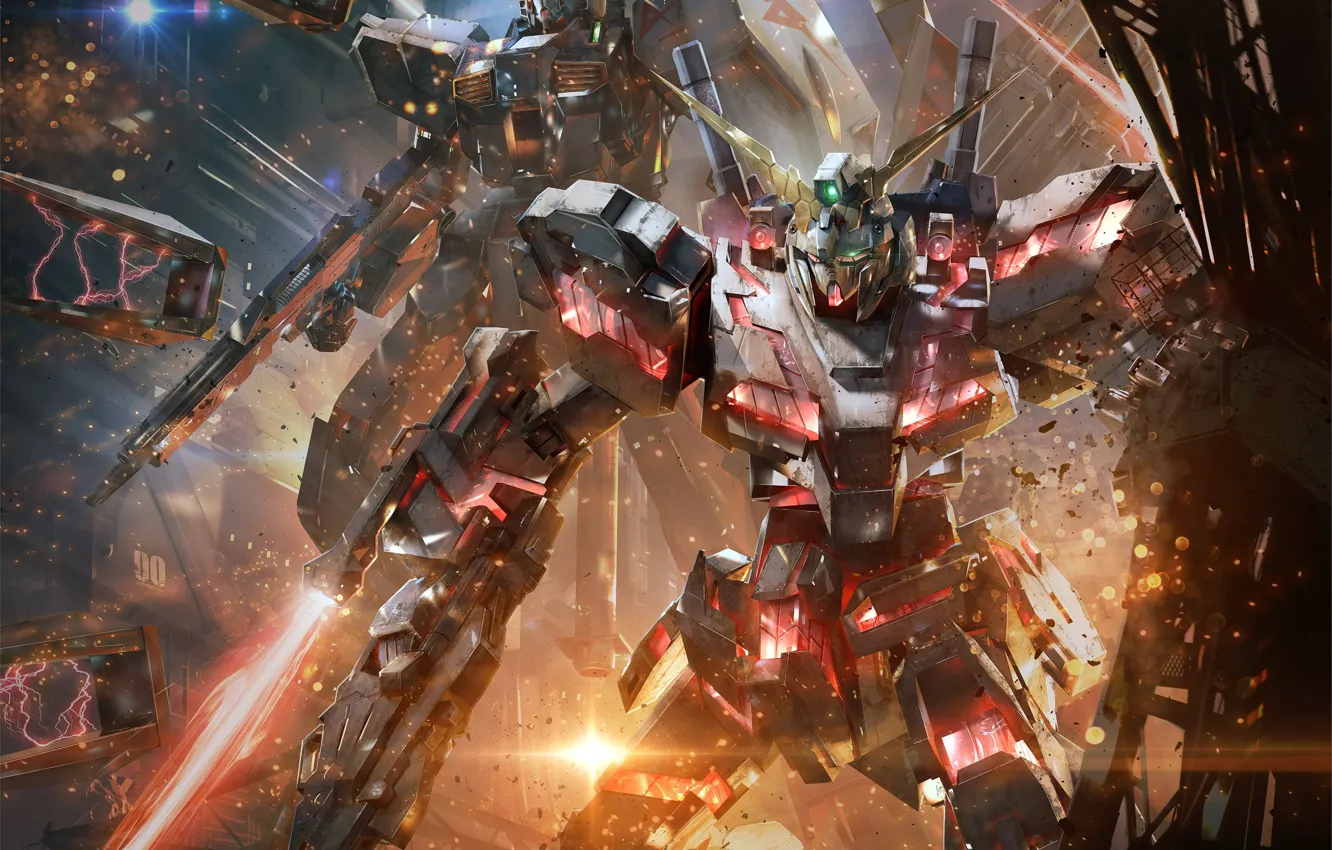 Фото обои fire, flame, sword, gun, robot, mecha, weapon, war