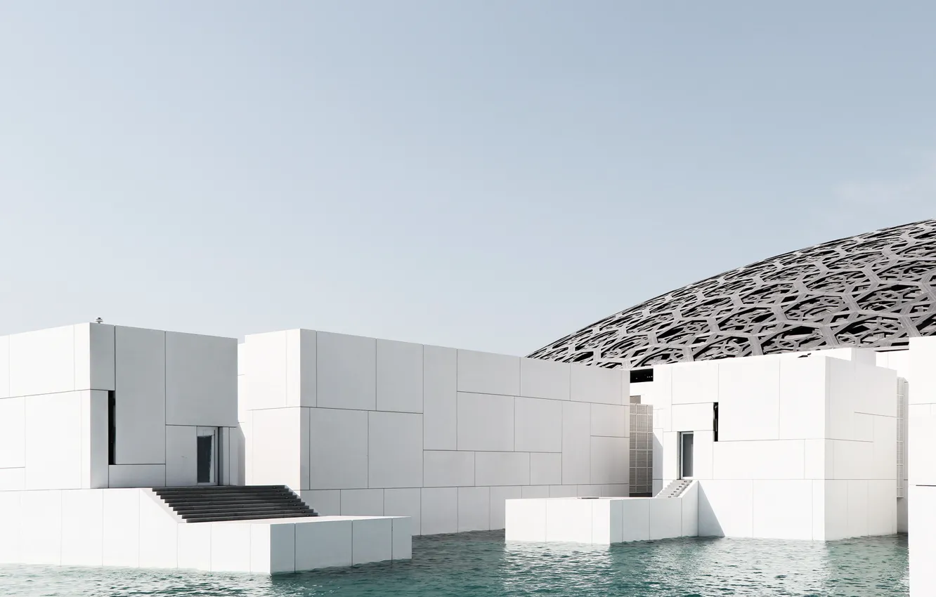 Фото обои сооружение, ступени, архитектура, водоём, Minimalist Look at the Abu Dhabi Louvre