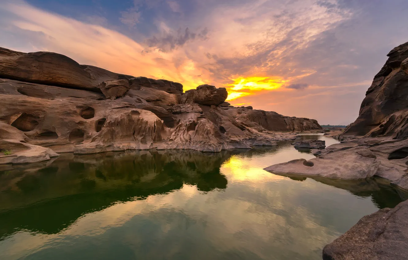 Фото обои закат, река, камни, скалы, Thailand, river, nature, stone