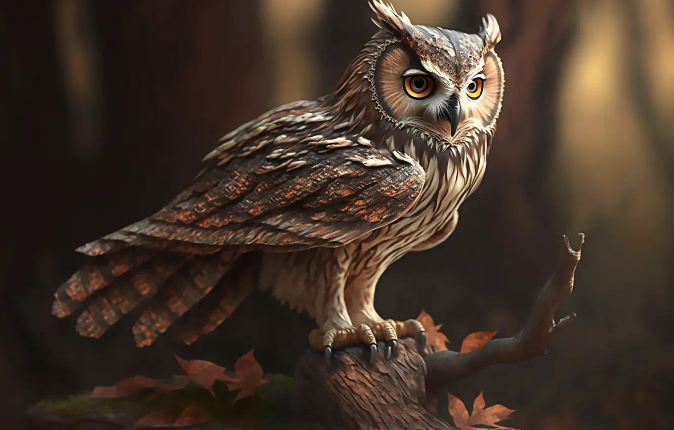 Фото обои взгляд, листья, деревья, природа, сова, птица, коряга, сук