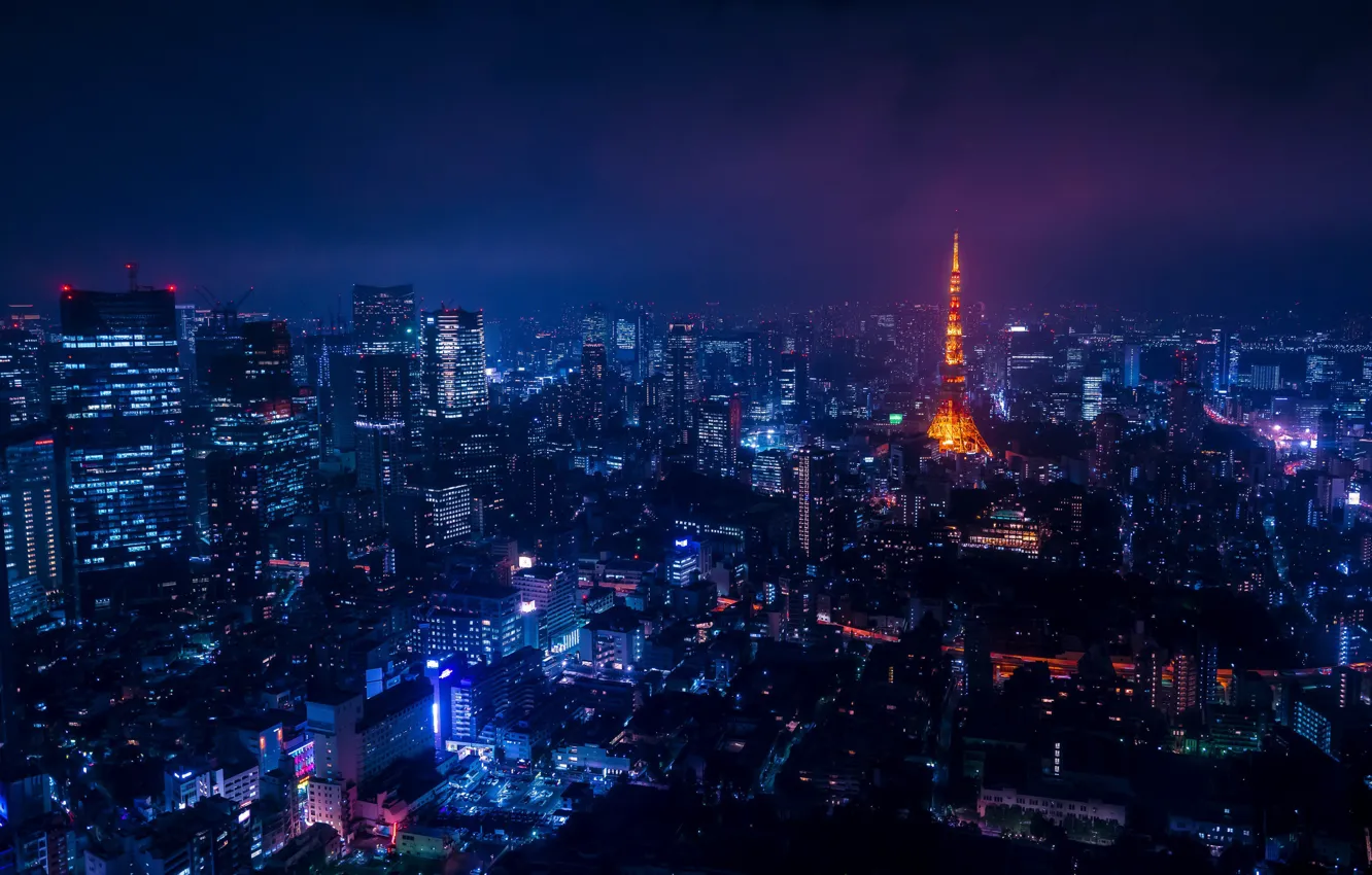 Фото обои city, skyline, night, tokyo