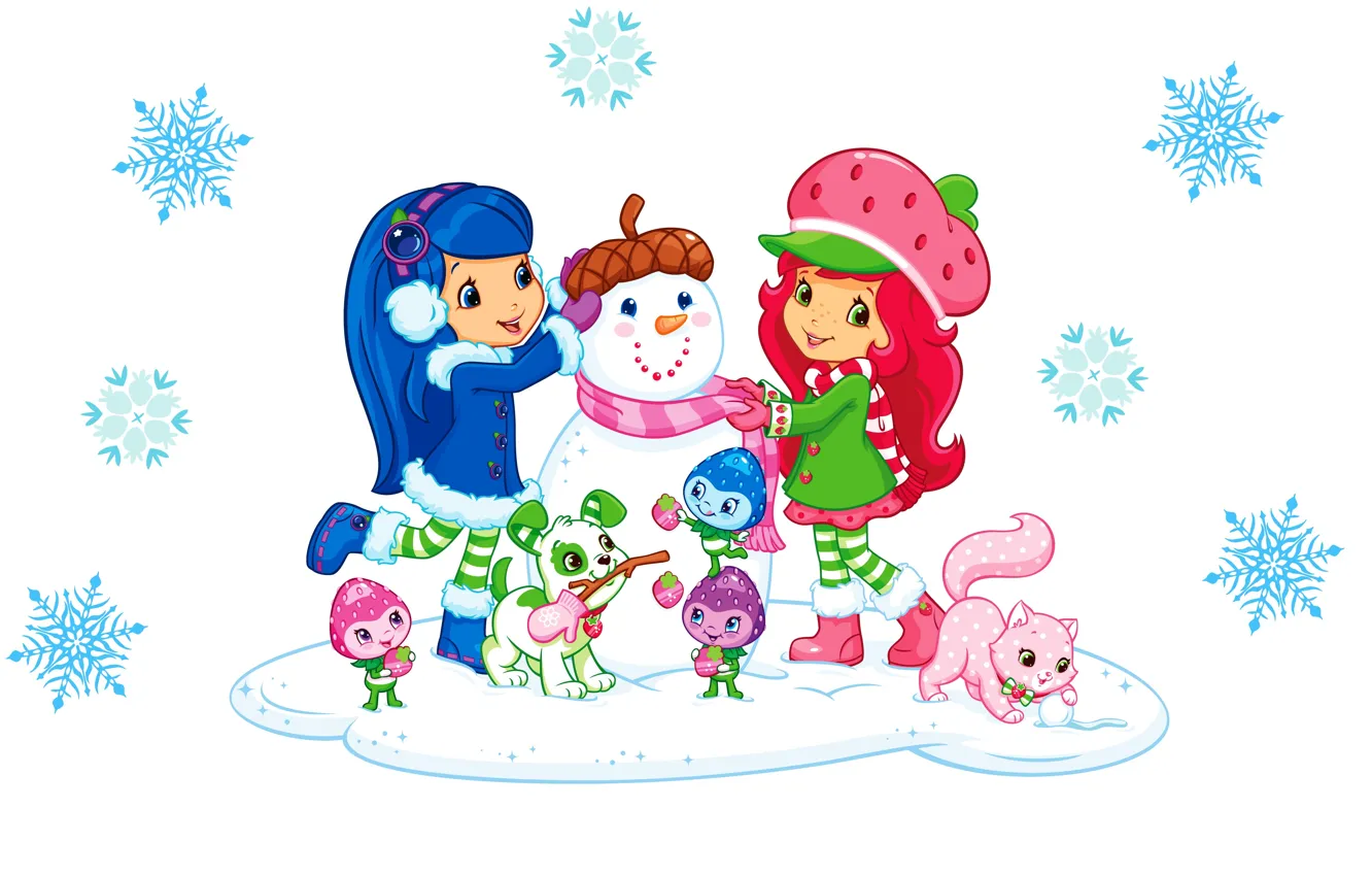 Фото обои зима, настроение, игра, арт, девочка, щенок, Новый год, снеговик