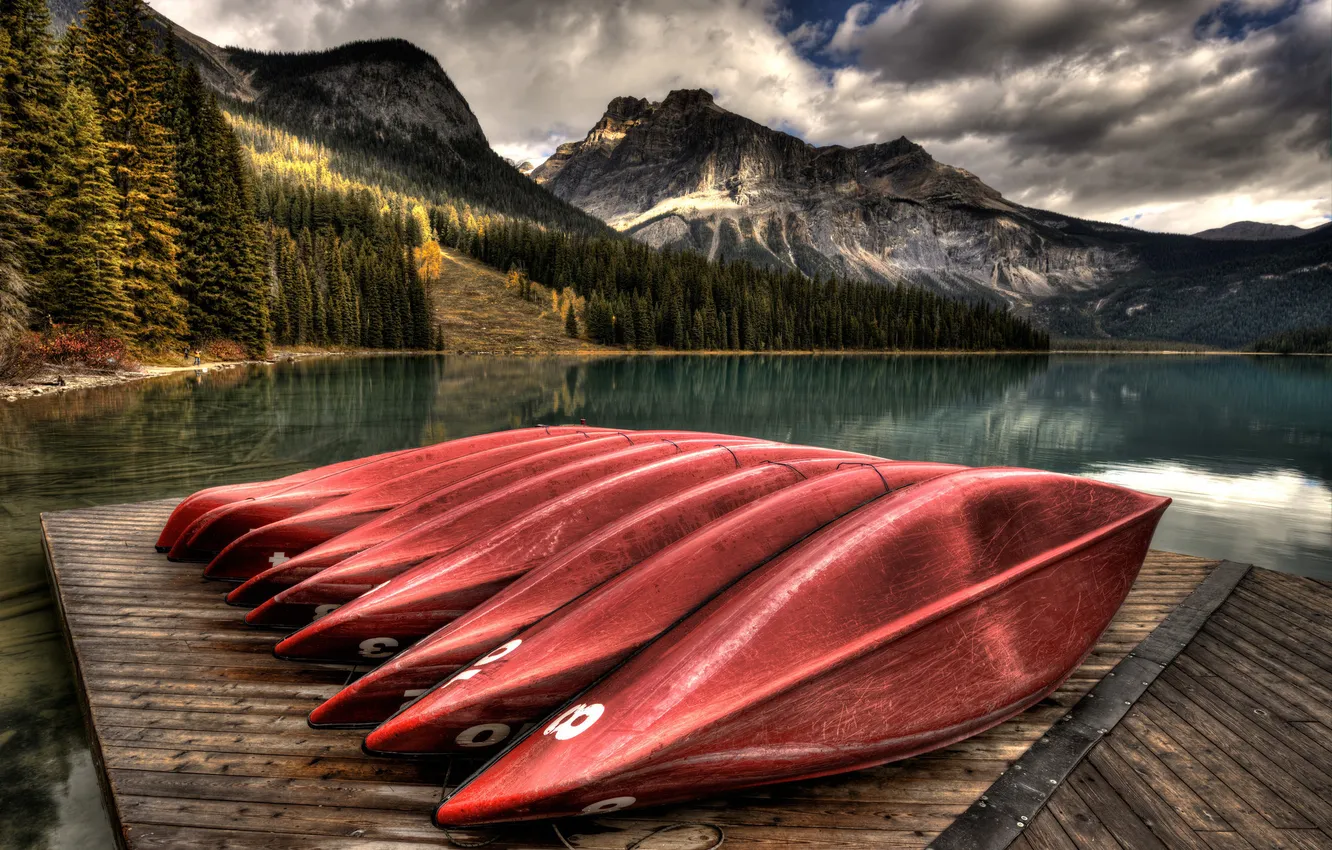 Фото обои горы, озеро, лодки