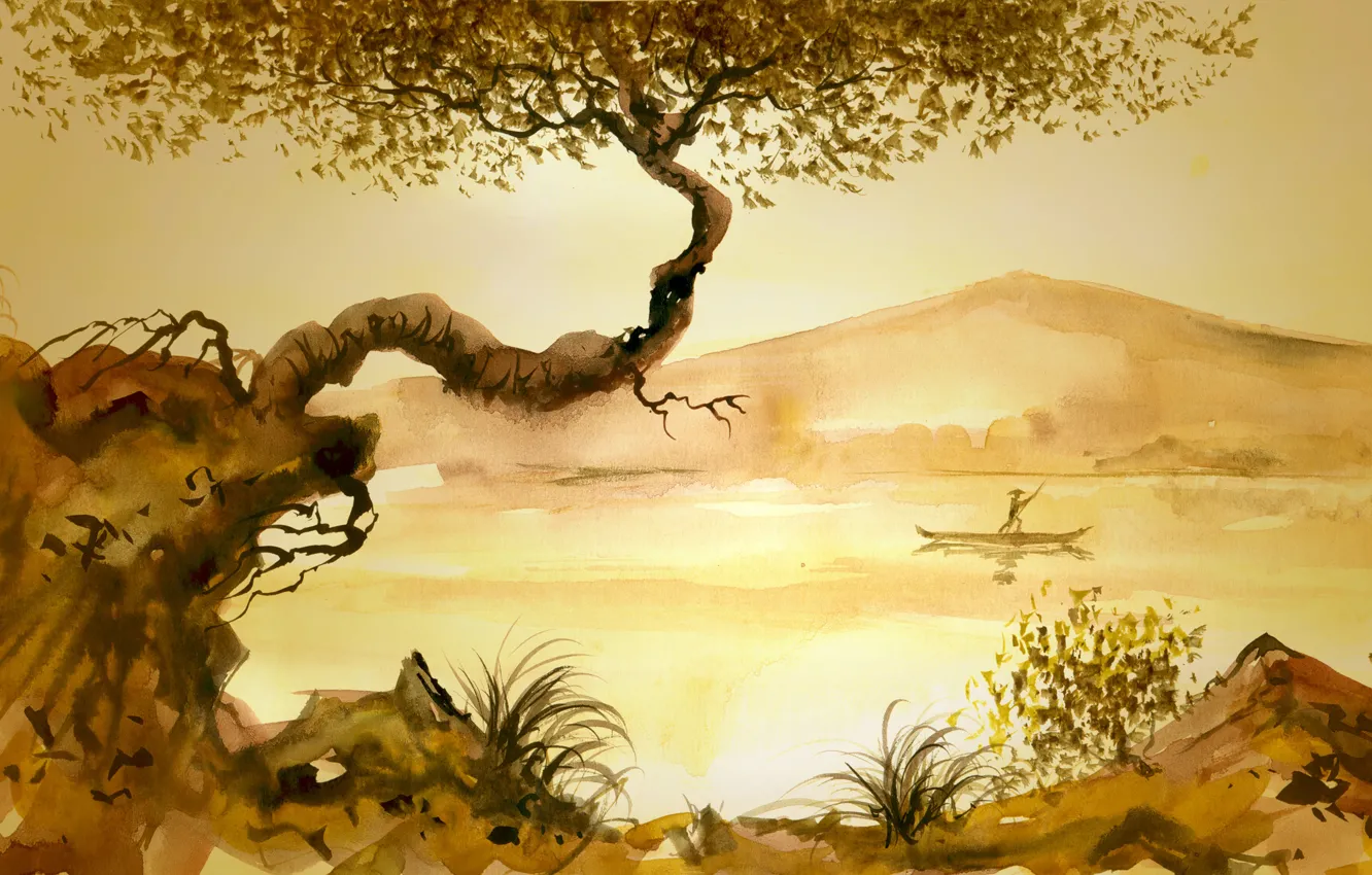 Фото обои трава, река, дерево, человек, китайская живопись, джонка