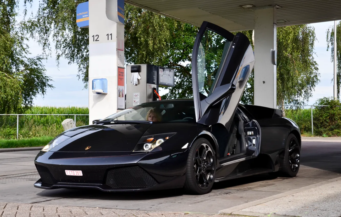 Фото обои чёрный, lamborghini, black, вид спереди, murcielago, lp640, ламборгини, мурсиэлаго