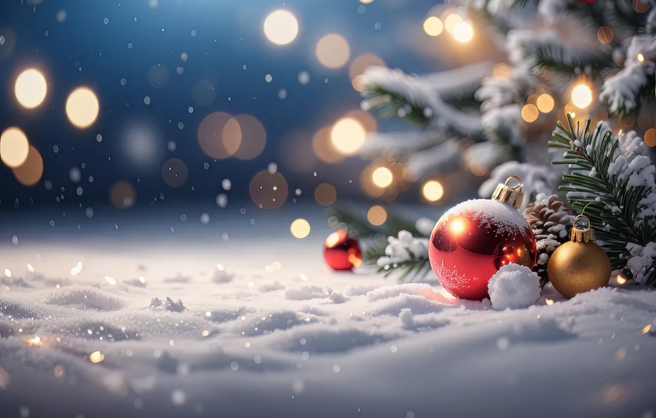 Фото обои снег, украшения, ночь, шары, елка, Рождество, Новый год, Christmas