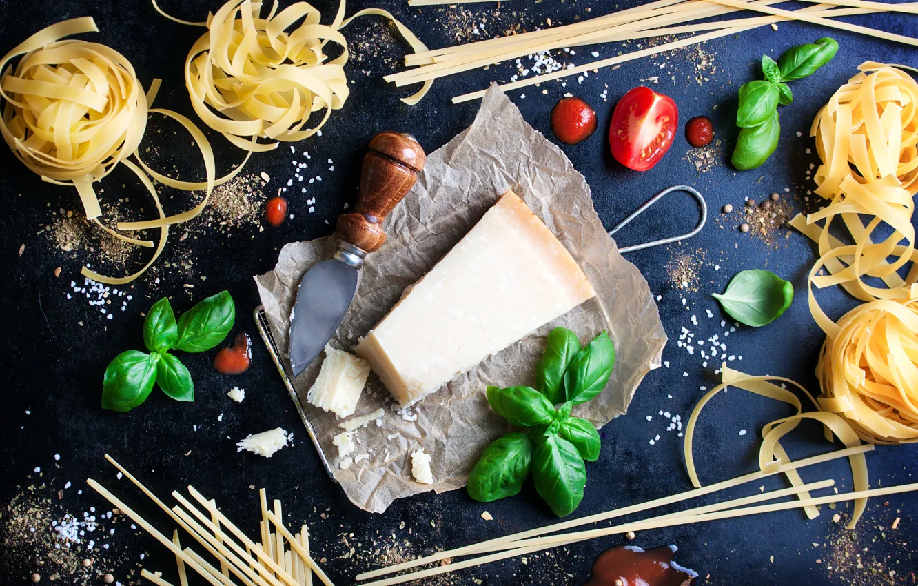 Фото обои сыр, специи, черри, пармезан, паста, базилик