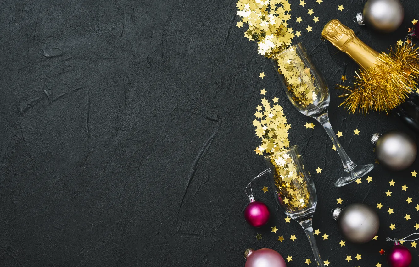 Фото обои украшения, шары, colorful, Новый Год, бокалы, Рождество, мишура, шампанское