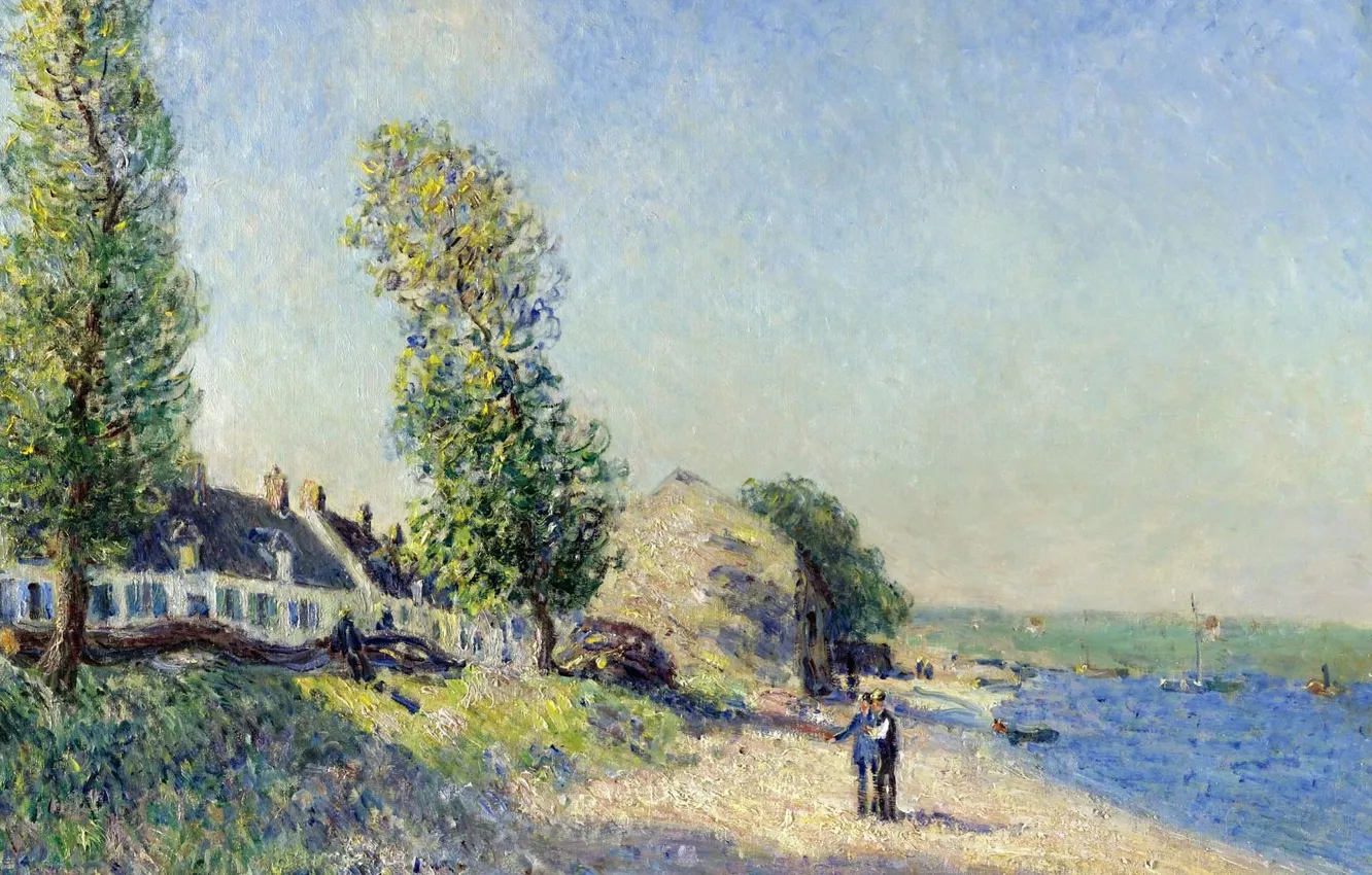 Фото обои пейзаж, река, берег, картина, Alfred Sisley, Альфред Сислей, Сен-Мамес Утром