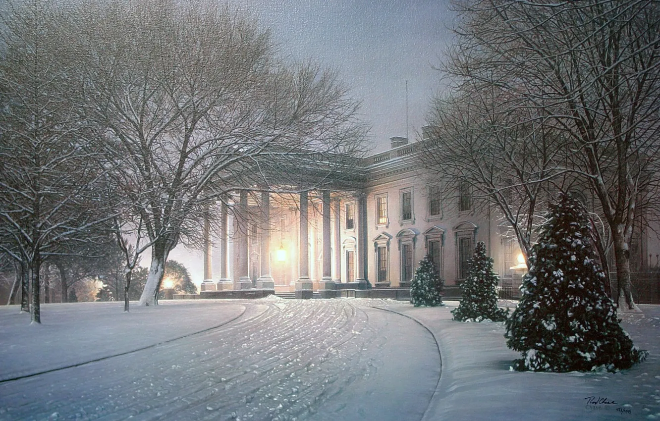 Фото обои зима, свет, снег, деревья, дом, парк, рисунок, вилла