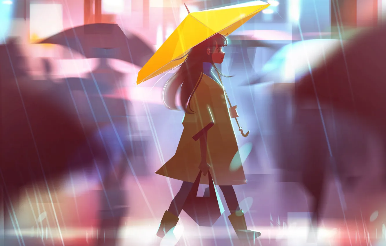 Фото обои улица, зонт, размытость, девочка, сумка, прогулка, плащ, ливень