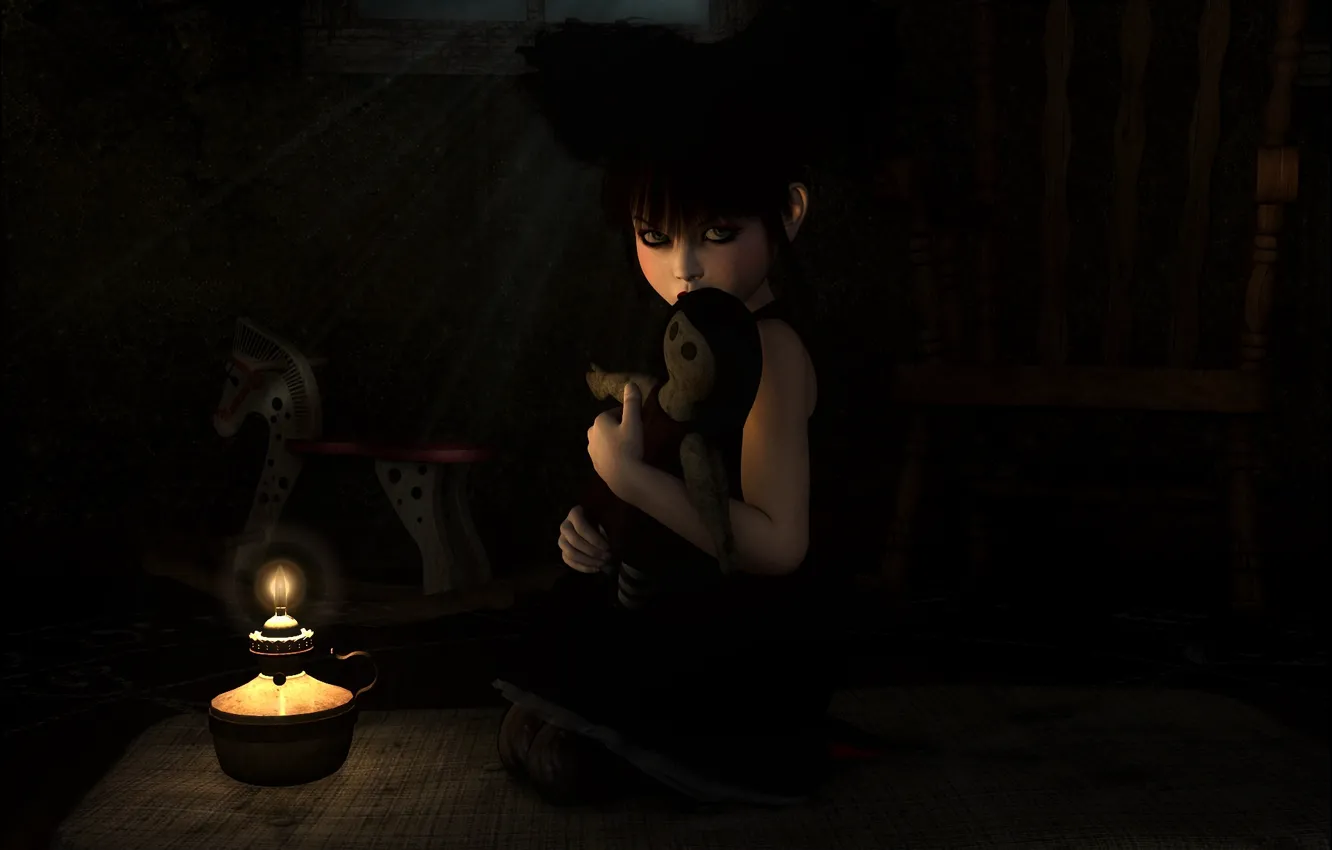 Фото обои одиночество, огонь, игрушка, темно, лампа, свеча, арт, девочка
