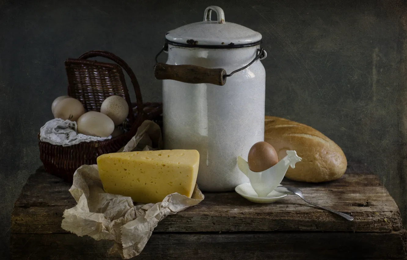 Фото обои яйцо, сыр, хлеб, натюрморт, бидон