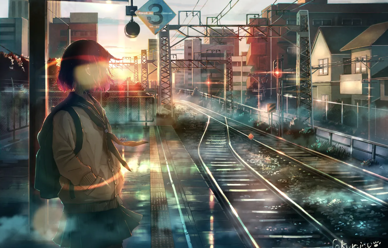 Фото обои провода, рельсы, дома, Япония, школьница, рюкзак, восход солнца, платформа